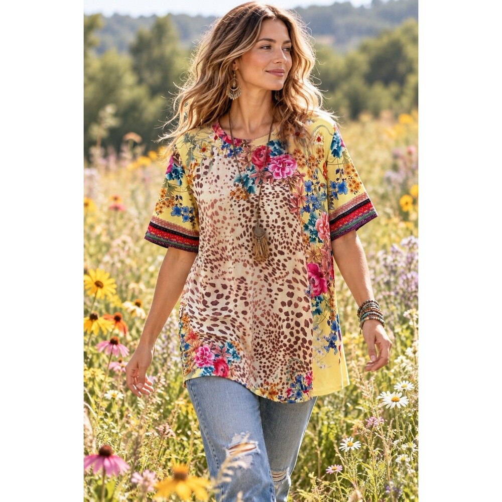 Johnny Was Wildflower Bamboo Top Swing Tee M Short Sleeve Boho Stretch Size M
